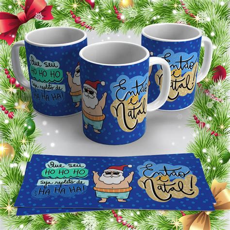 Caneca Azul Feliz Natal Papai Noel Porcelana Elo