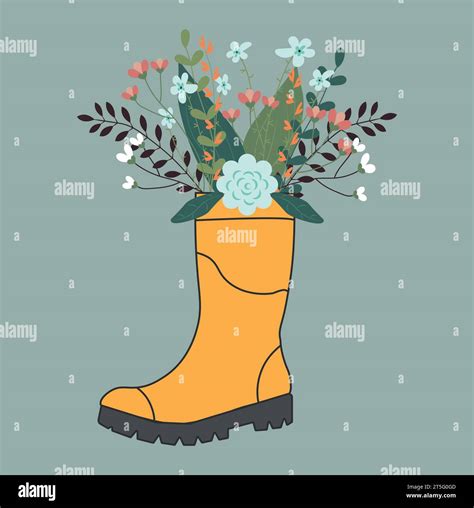 Cute Bouquet In Yellow Rubber Boots Gardening Boot With Flowers