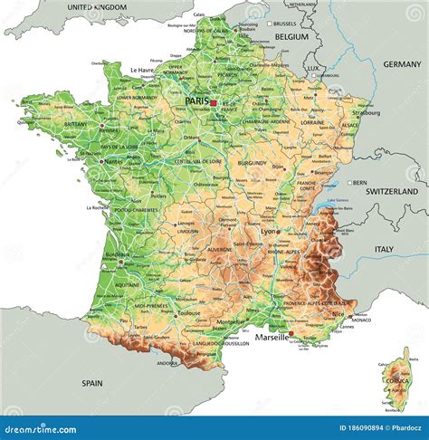 High Detailed France Physical Map With Labeling Stock Vector