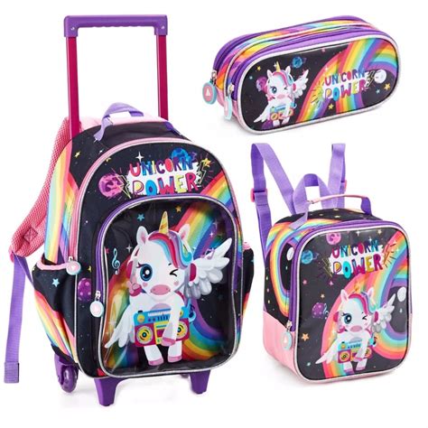 Kit Mochila Escolar Infantil Menina Unicornio Rodinhas Estojo