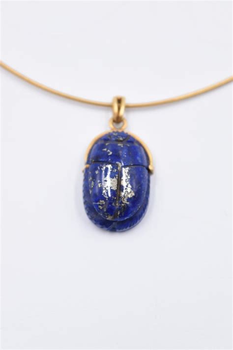 Proantic Collier Or 18 K Scarabée En Pierre Bleu Lapis Lazuli Chaine