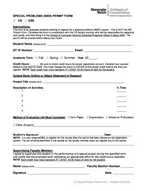 Fillable Online Cc Gatech Special Problems Permit Form Cc