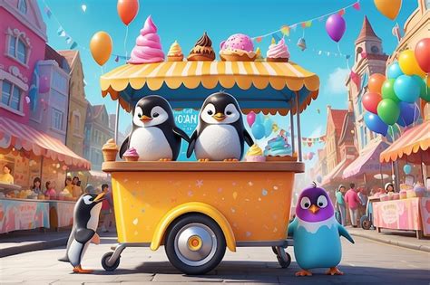 Penguin Ice Cream Extravaganza Premium Ai Generated Image