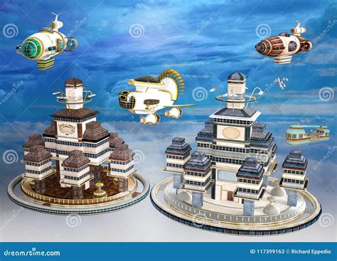 3D Illustration of a Colorful Steampunk Airship Scene Stock ...