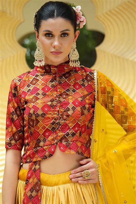 Buy Yellow Multi Chinon Silk Lehenga Set Online Like A Diva