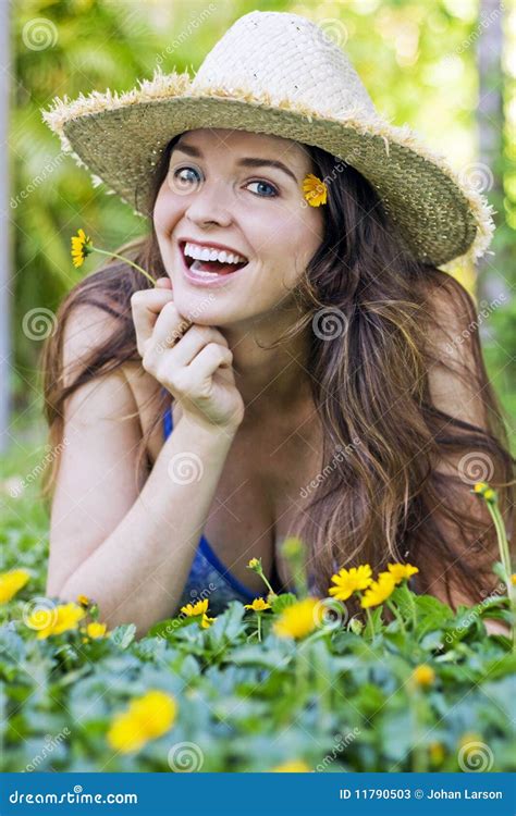 Attractive Woman in Hat and Flowers Stock Image - Image of happy, happiness: 11790503