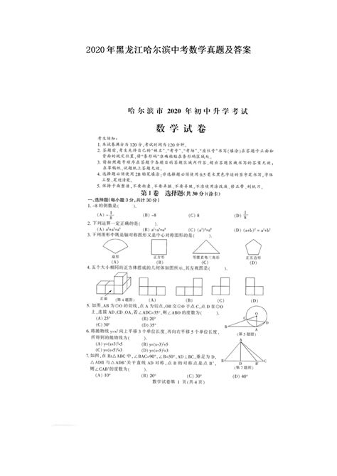 2020年黑龙江哈尔滨中考数学真题及答案图片版