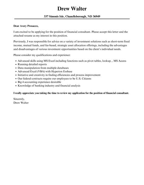 Financial Consultant Cover Letter Velvet Jobs