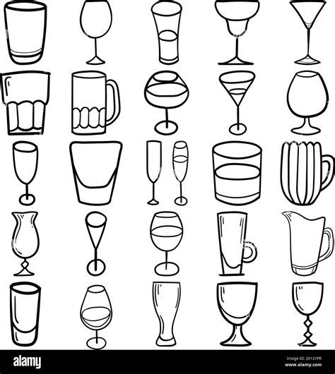 Glass Hand Drawn Doodle Line Art Outline Set Containing Glass Beverage Drink Flute Glass Red