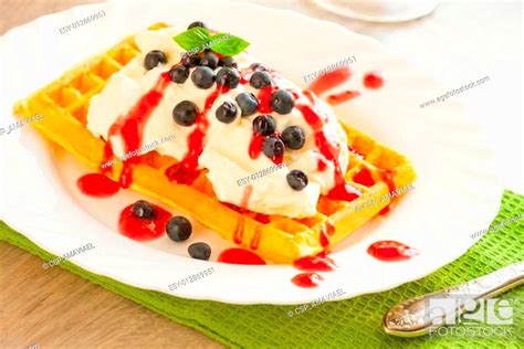 Waffles With Fruits And Whipped Cream Stock Photo Picture And Low