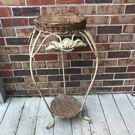 Vintage Plant Stand Wrought Iron And Rattan Wicker Large Etsy Uk