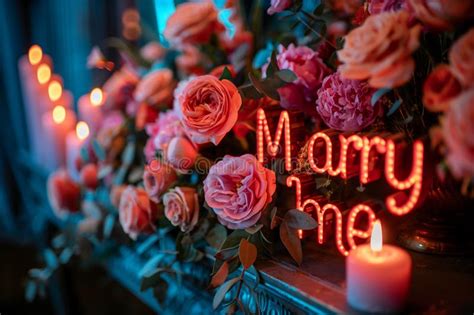 A Lighted Sign That Says Marry Me Placed Next To A Bunch Of Flowers