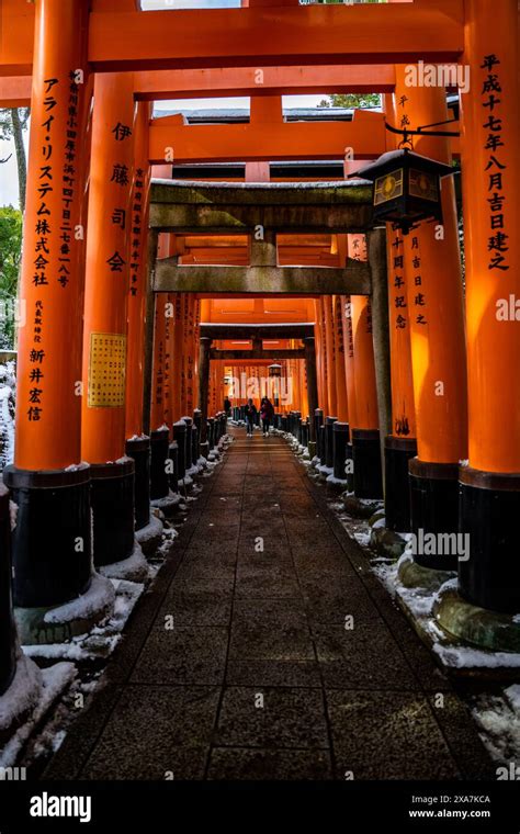 Rare Winter Snow At Ancient Torii Gate Tunnel At Fushimi Inari Shrine