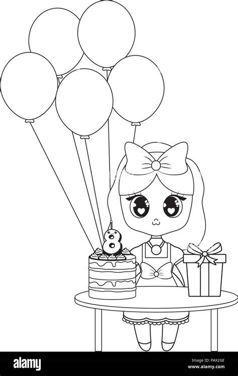 anime girl and table with birthday cake and gift box over white ...