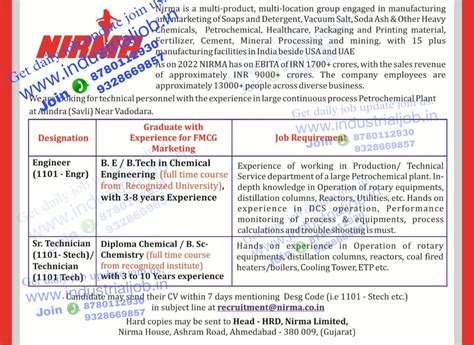 Nirma Chemical Ltd Vadodara Gujarat Job Vacancy For Engineers Sr