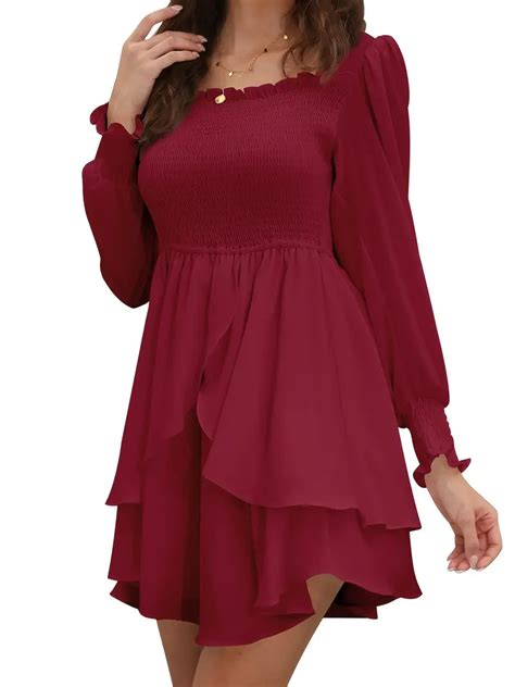 Shirred Puff Sleeve Layered Dress Elegant Squared Neck High Temu