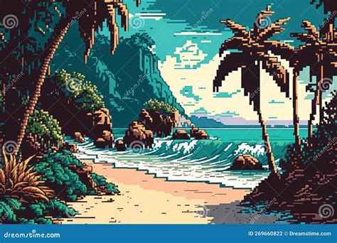 Pixel Art Of Tropical Beach Background Summer Vacation And Holiday