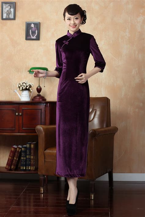 Traditional Long Velvet Cheongsam Dress Purple Qipao Cheongsam