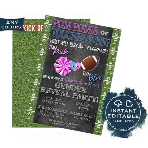 Football Gender Reveal Invitation Kit Editable Pom Poms Or Touchdowns