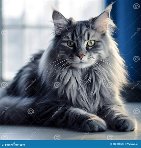 Portrait Of A Blue Norwegian Forest Cat Lying In A Light Room Beside A