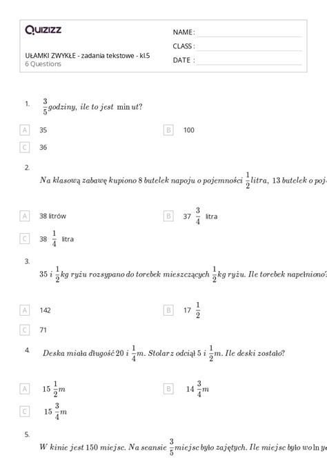 Ponad 50 Zadania Tekstowe Z Matematyki Arkuszy Roboczych Dla Klasa 5