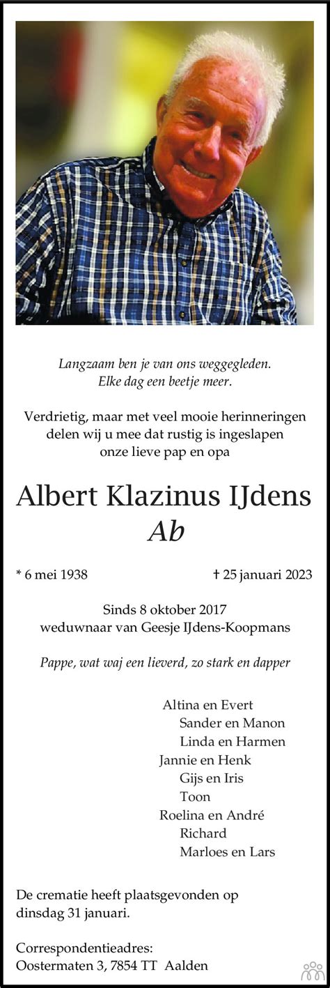 Ab Albert Klazinus IJdens 25 01 2023 Overlijdensbericht En