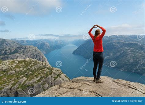 Girl Standing On Preikestolen Rock Norway Editorial Stock Photo