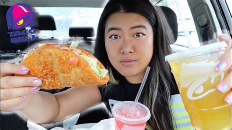 Taco Bell Mukbang New Toasted Cheddar Chalupa Drinks Youtube