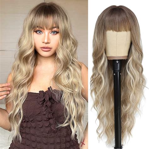 Amazon NAYOO Long Dirty Blonde Wigs With Bangs For Women Curly Wavy Hair Wigs Heat