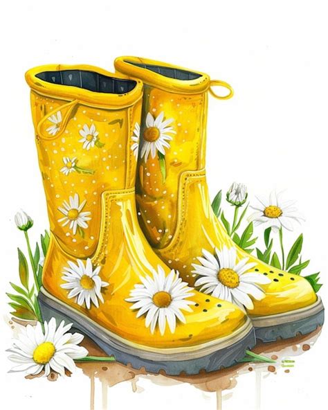 Yellow Rain Boots With Daisies And A Puddle Of Water Generative Ai