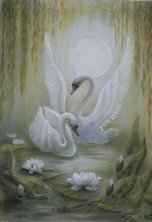 A Painting Of Two White Swans In The Water