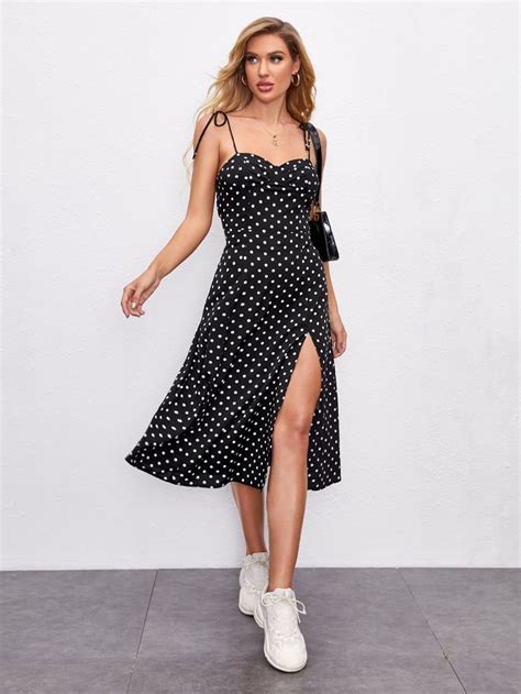 Shein Tie Shoulder High Split Hem Polka Dot Bustier Cami Dress Slim