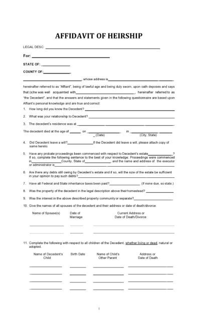 47 FREE Affidavit Of Heirship Forms Letters Certificates