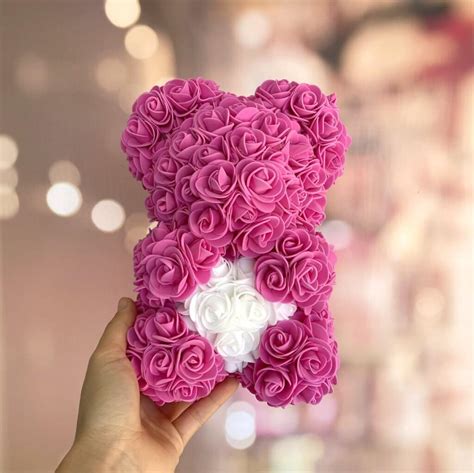 Hot Pink Bear White Heart Luxury Everlasting Rose Teddy Bear With T