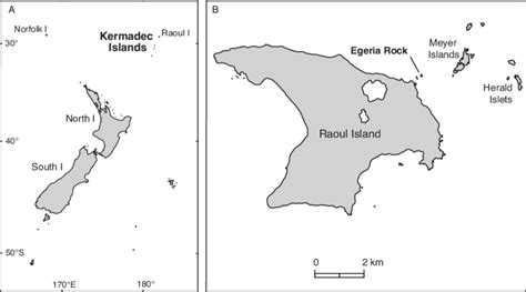 Location of Egeria Rock, Kermadec Islands. A, position of the Kermadec ...