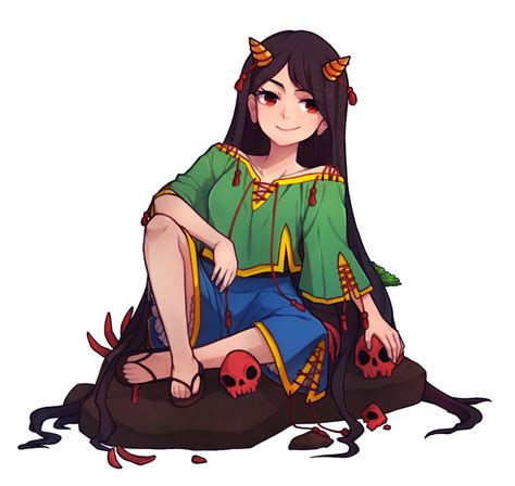 Safebooru 1girl Barefoot Black Hair Blue Shorts Feet Full Body Green Shirt Horns Knee Up Long