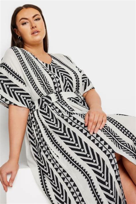 Yours Plus Size Black And White Aztec Print Embroidered Maxi Dress