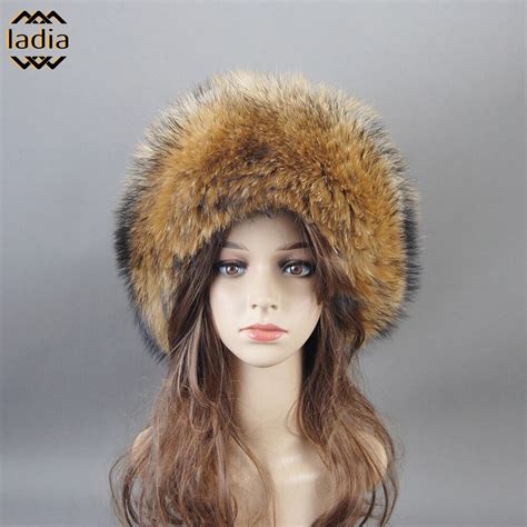 New Winter Women Natural Real Raccoon Fur Hat Luxury With Tail Beanies