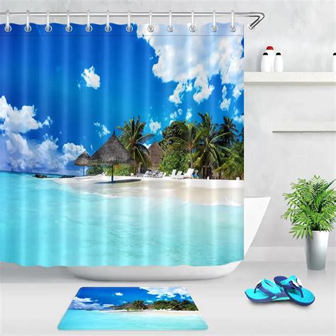 Tropical Palm Trees Ocean View Shower Curtain Coastal Bathroom Decor