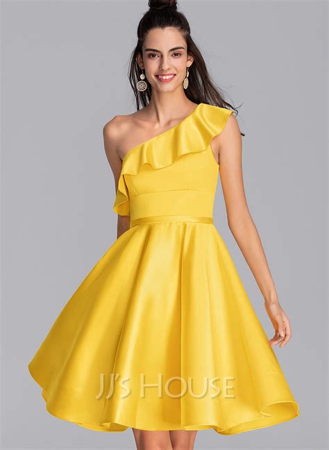 A Line One Shoulder Knee Length Satin Homecoming Dress With Cascading