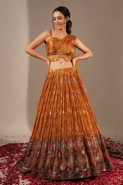 Buy Yellow Crepe Printed Bandhani Asymmetric Lehenga And Blouse Set For