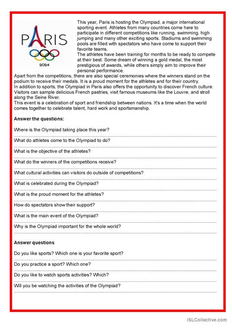 Easy Reading Olympiad In Paris Gen English ESL Worksheets Pdf Doc