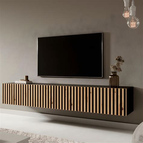 Mueble De Tv Colgante Negro Con Frente De Listones De Roble Artisan