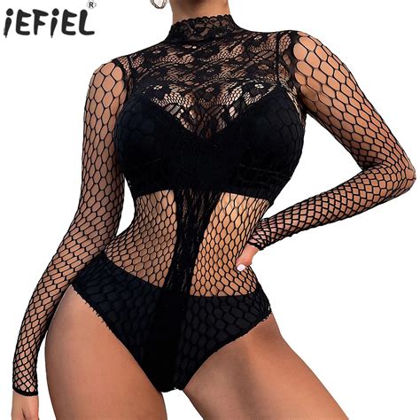 Body Sexy De Encaje Con Cuello Falso Para Mujer Leotardo Transparente