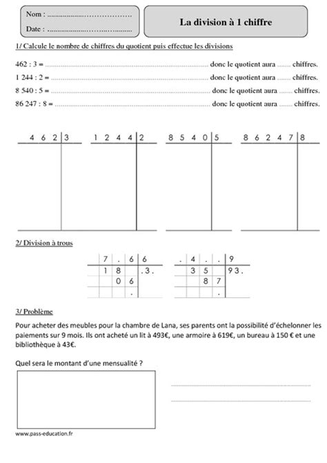 Division à 1 chiffre Cm2 Exercices corrigés Calcul