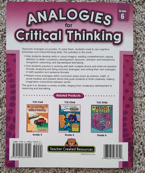 Analogies For Critical Thinking Grade 6 By Ruth Foster 2011 Trade Paperback New Edition For