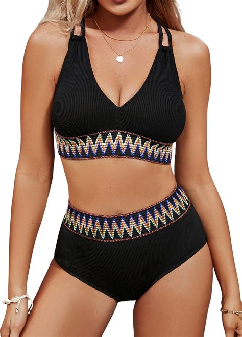 Amazon Bmjl Womens High Waisted Bathing Suits Ribbed Two Piece Bikini Sets Sexy V Neck Push