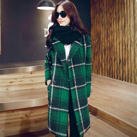 Green Plaid Woolen Coat For Women Female Long Section Slim New Autumn And Winter Woolen Womens