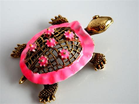 Signed Art Turtle Brooch Vintage Pink And Gold Tone Turtle Brooch