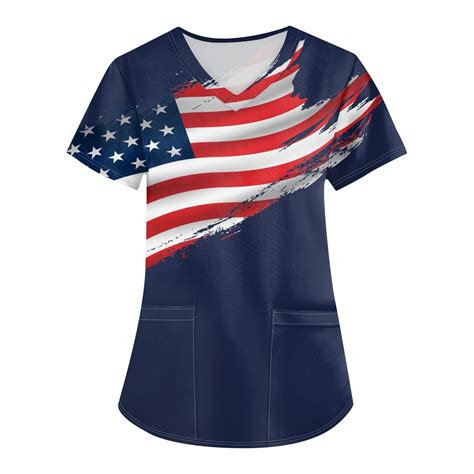 Uocefik Nursing Scrubs Tops Th Of July Short Sleeve V Neck Working